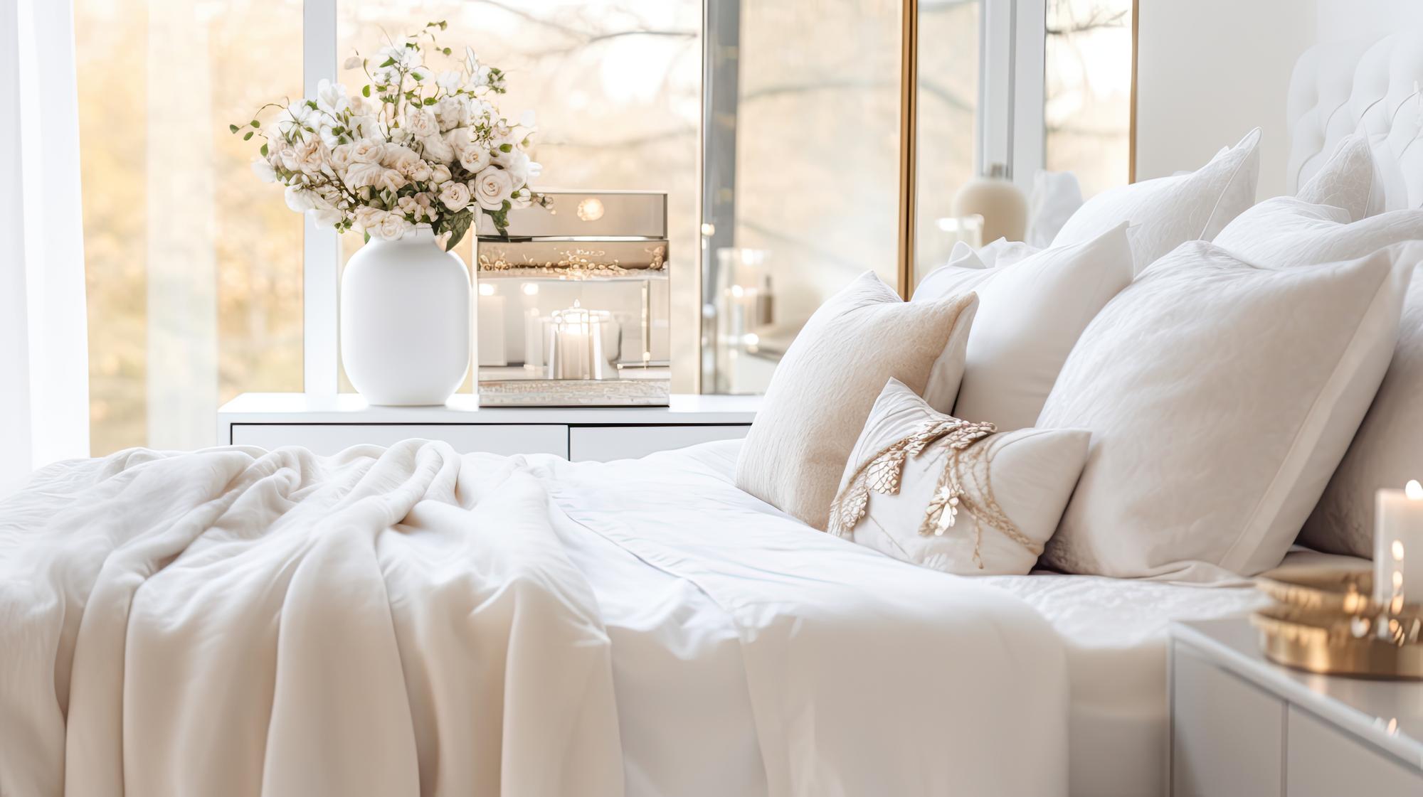 bedroom with natural light and textured fabrics